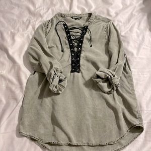 Express - Green 3/4 Roll Up Sleeve Top with Black Lace Up - Small